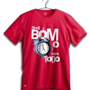 Camiseta Zarim com estampa cristã de relógio e frase Deus é bom o tempo todo