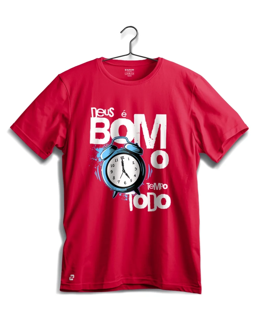 Camiseta Zarim com estampa cristã de relógio e frase Deus é bom o tempo todo