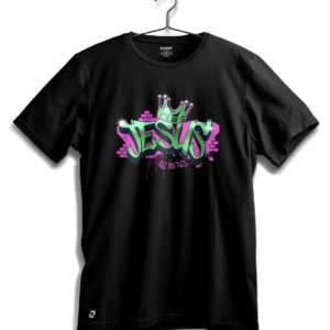 camiseta Zarim com estampa grafite verde e coroa Rei dos Reis