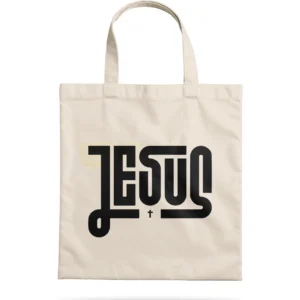 ecobag Zarim com tipografia linear Jesus e pequena cruz