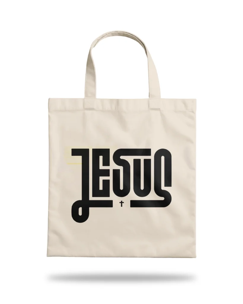ecobag Zarim com tipografia linear Jesus e pequena cruz