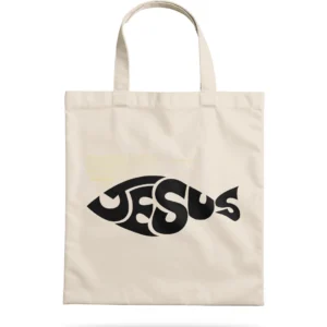 ecobag Zarim com símbolo do peixe tipográfico escrito Jesus