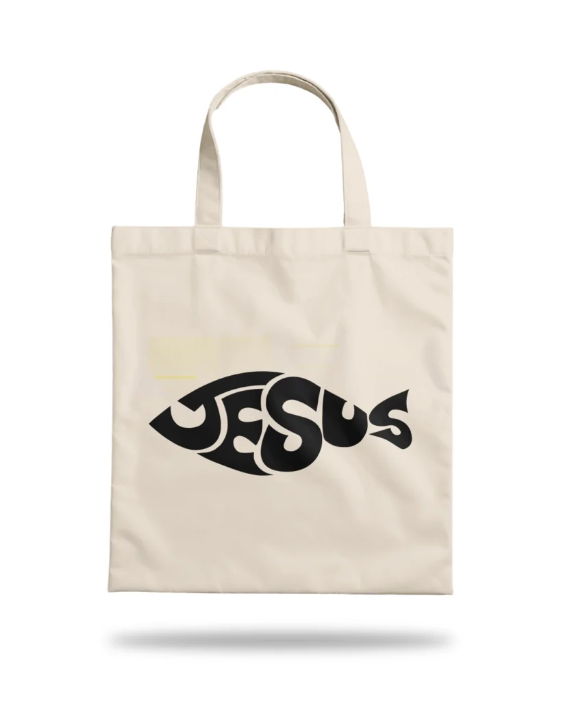ecobag Zarim com símbolo do peixe tipográfico escrito Jesus