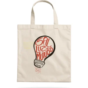 ecobag Zarim com ilustração de lâmpada e a frase “Sal e Luz do Mundo”